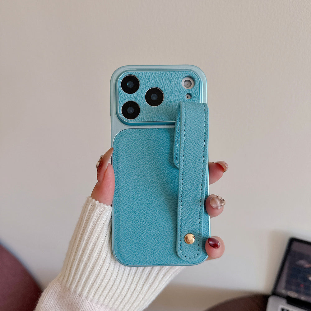Suitable for apple 16promax to turn into 17 small v pattern plain leather wristband mobile phone case iphone17pro anti-fall case 14