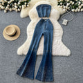 European and american cross-border fashion rhinestone denim set for women - summer sleeveless bandeau top + high-waisted flare denim pants