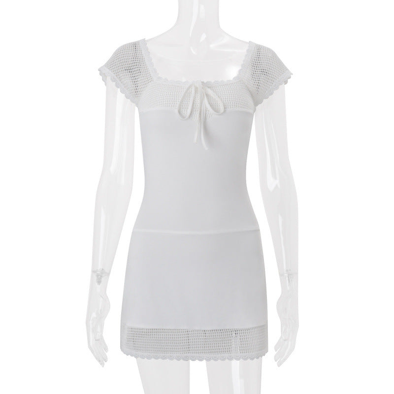 European and american women's clothing  summer new sexy elegant square neck hollow-out crochet slim-fit solid color short-sleeve dress