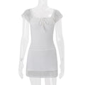 European and american women's clothing  summer new sexy elegant square neck hollow-out crochet slim-fit solid color short-sleeve dress
