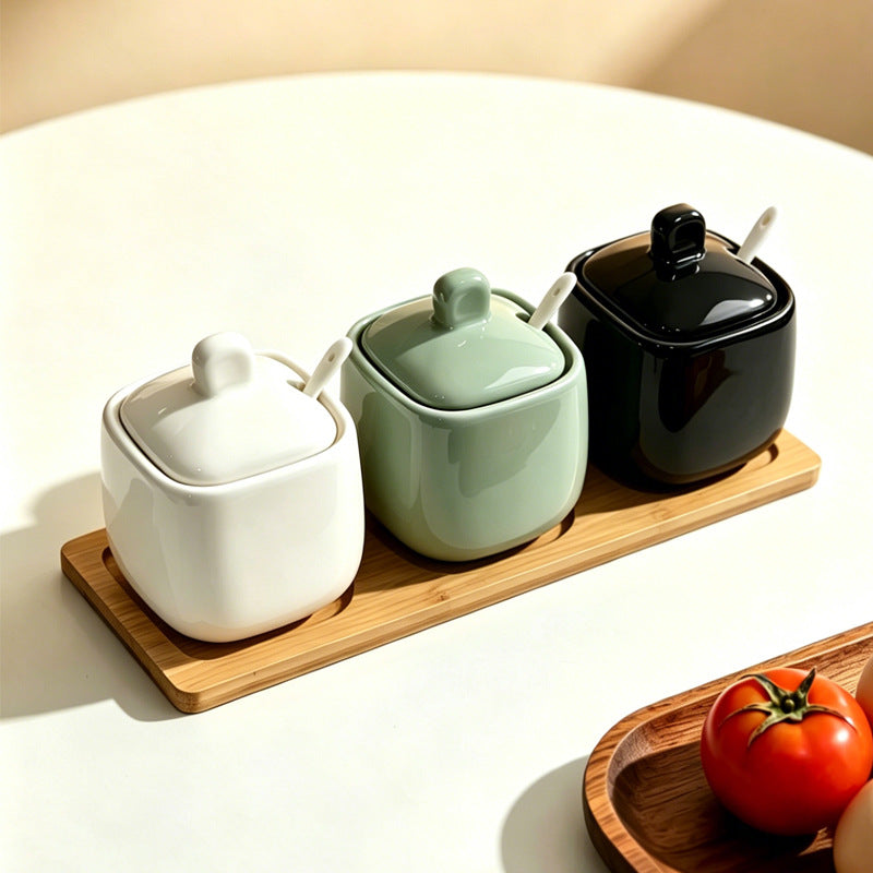 Wow, simple style seasoning jar ceramic seasoning box for home with lid wooden tray msg salt shaker round seasoning jar