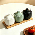 Wow, simple style seasoning jar ceramic seasoning box for home with lid wooden tray msg salt shaker round seasoning jar