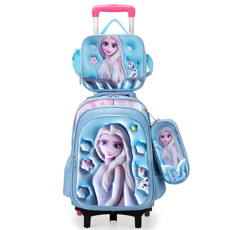New arrival concave and convex leather primary school student pull rod school bag for grades 3 to 6 kids cartoon three-piece set backpack in stock