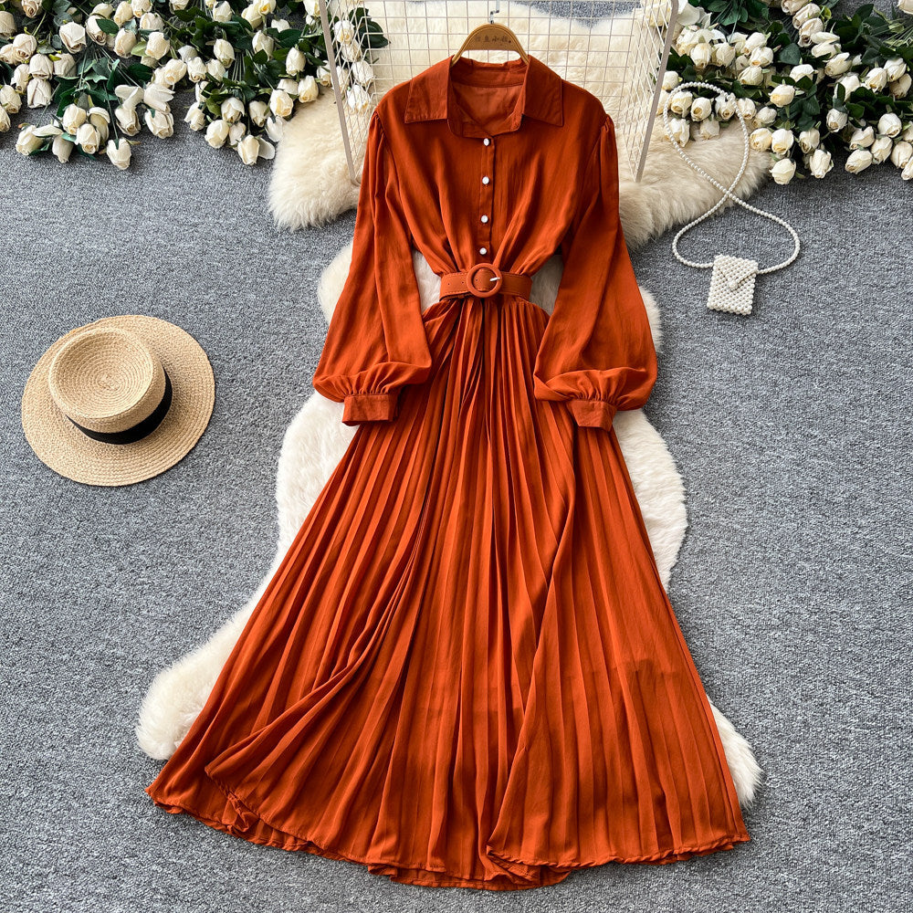 Light mature style lapel lantern sleeve red a-line dress women's springelegance waist slimming lookpleated long skirt