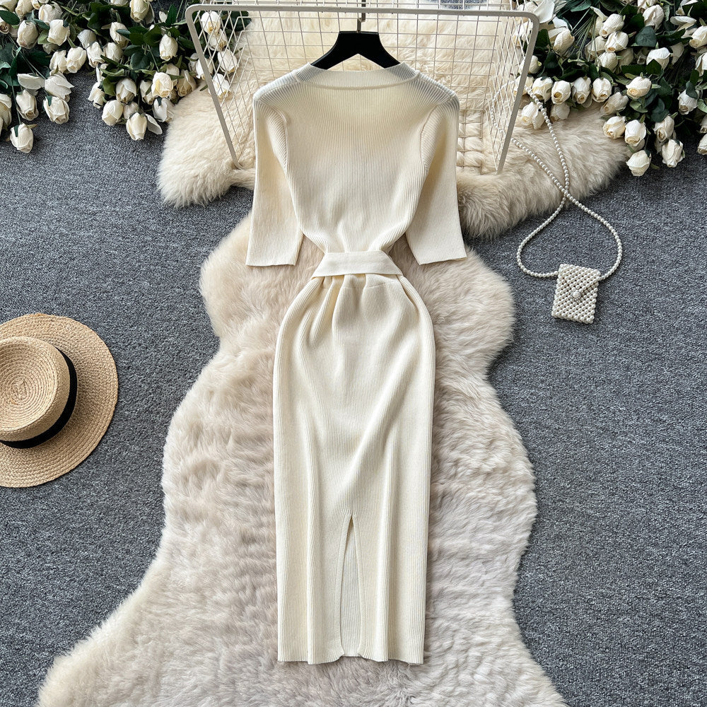 Korean style commute-ready knit dress - women's summer short sleeve single-breasted tie-waist slimming midi dress