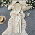 Korean style commute-ready knit dress - women's summer short sleeve single-breasted tie-waist slimming midi dress