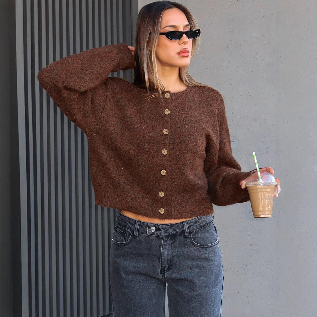 Cross-border Europe, America and 2025 autumn new sweater women's long-sleeved button-up versatile crew neck knitted cardigan jacket women