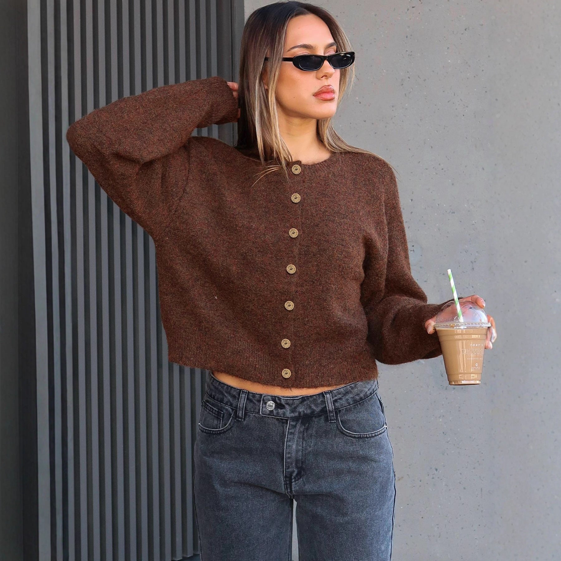 Cross-border Europe, America and 2025 autumn new sweater women's long-sleeved button-up versatile crew neck knitted cardigan jacket women