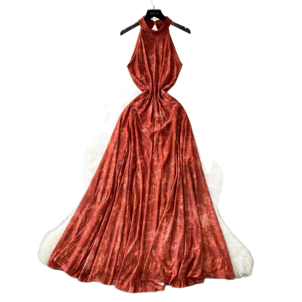 Frenchretro style classy sense of smudged halter sleeveless dress women's summer waist design beautiful long skirt