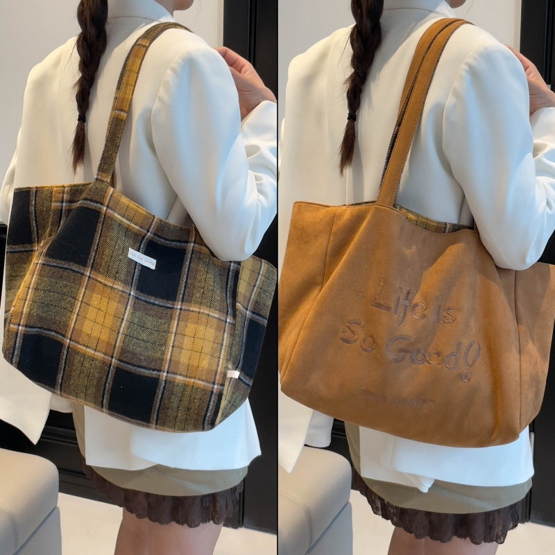 autumn/winter hot-selling double-sided backpack - women's niche plaid design shoulder bag - large capacity versatile tote bag