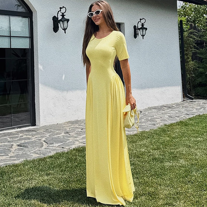 European and american women's clothing  summer new arrivals: solid color fashionable elegant round neck slim fit short sleeve a-line maxi dress