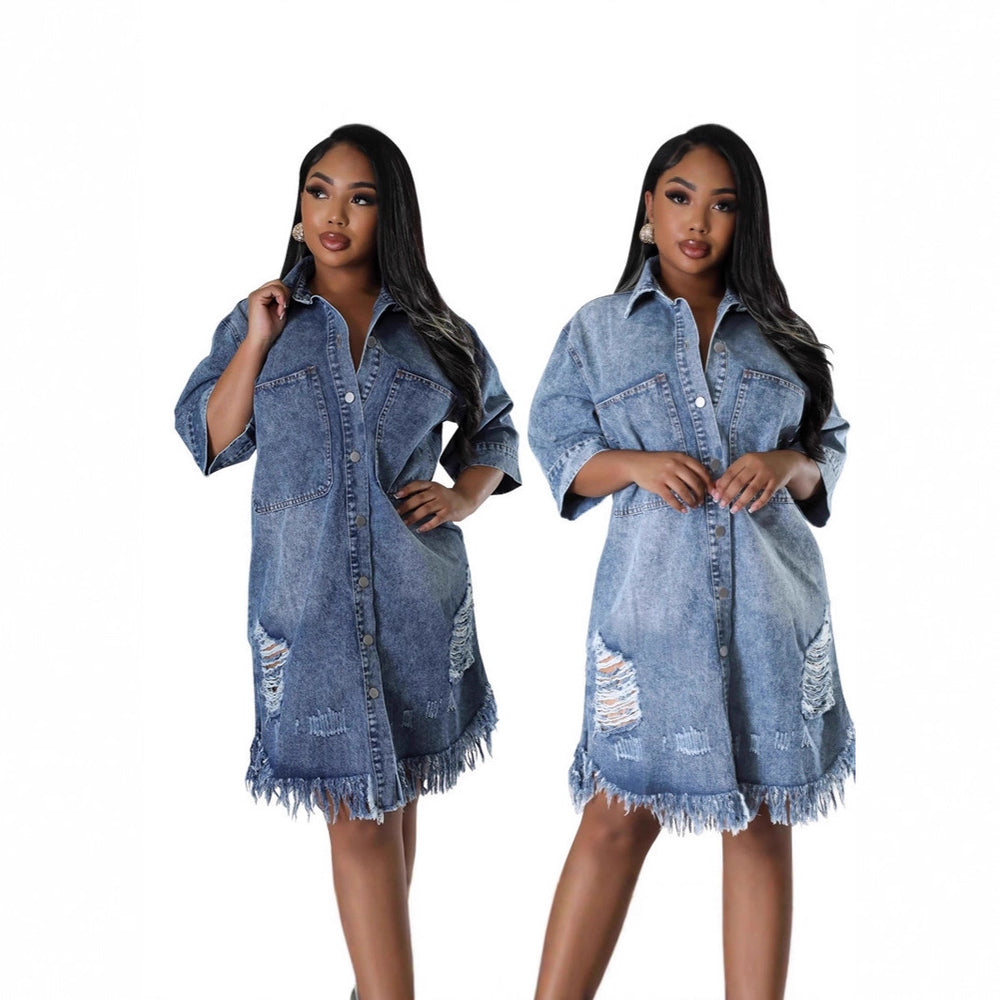 Amazon independent station  cross-border women's clothing new arrival denim outwear ripped tassel short-sleeved lapel fashion trendy