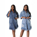 Amazon independent station  cross-border women's clothing new arrival denim outwear ripped tassel short-sleeved lapel fashion trendy