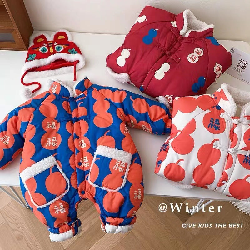 Baby winter fleece-lined romper, newborn winter outfit, 100-day celebration & first birthday outfit, newborn gift dress, chinese new year outfit