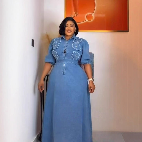 Cross-border Europe, America, 's new fashion women's clothing, diamond-encrusted splicing patch, button lapel denim dress, long dress