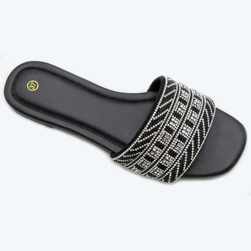 Factory Women Shoes New Design Rhinestone Cool Slippers Women's Flat Bottom One-Flip Beach Slippers