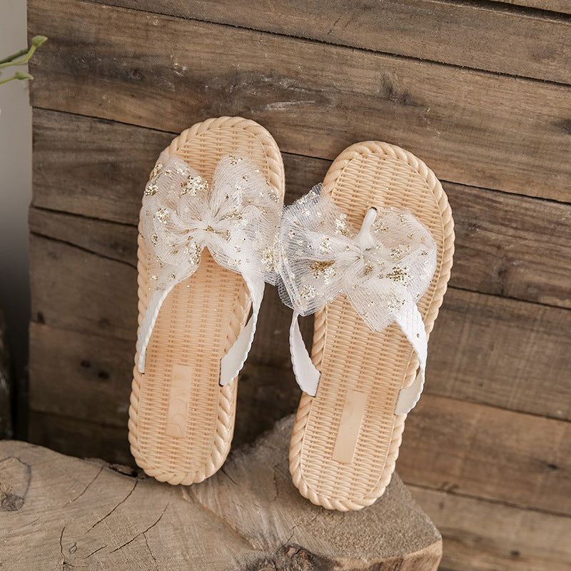 Women's summer flip-flops: glitter bow, soft sole, open-toe sandals for beach & vacation - non-slip