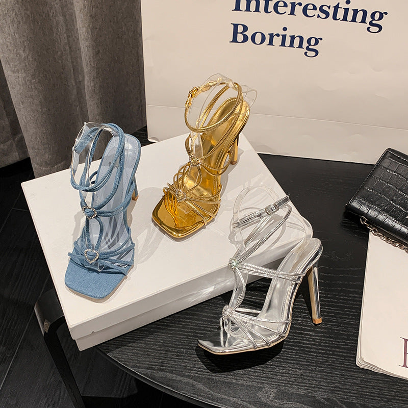 2025 summer rhinestone-embellished heart strap high heel mules - versatile square toe sandals with a wine glass heel