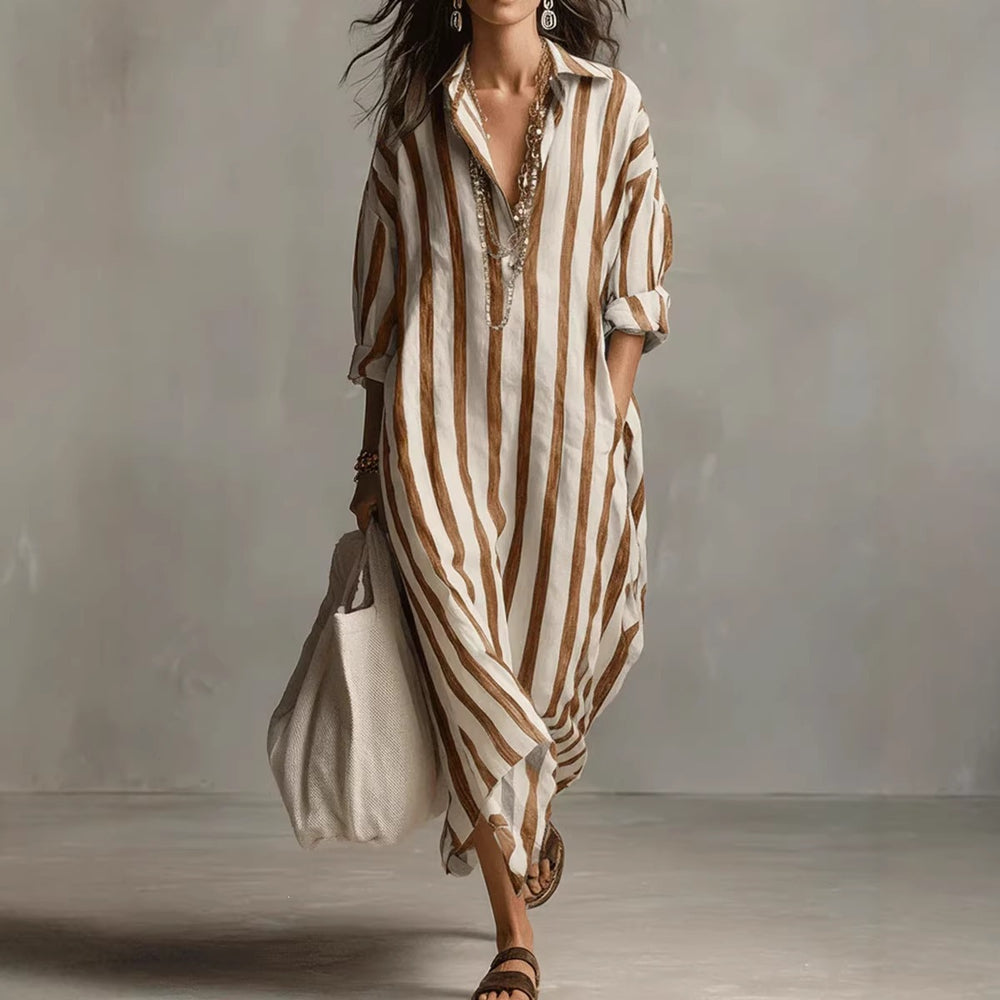 european and american independent station cross-border fashionloosev necklongstripessummer nine-quarter sleeve women's shirtdress