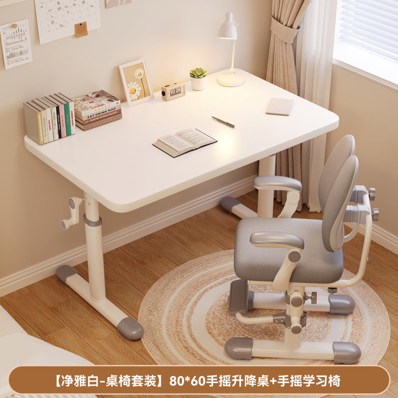 Hand-crank adjustable desk, thickened study table, bedroom study room complete computer desk set, adjustable wooden children's desk and chair set