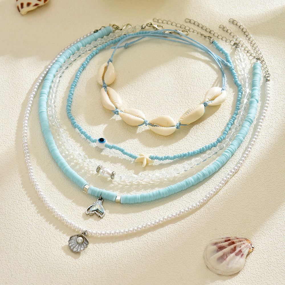 Wholesale beach necklace fashion cross-border accessories women's bohemia soft clay rice beads multi-layered wearing shell clavicle chain
