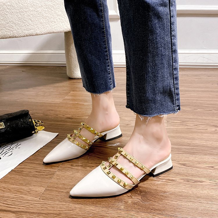 Studded sandals with a french flair – women's summer flat sandals, korean-style patent leather pointed-toe mules with rivet detailing