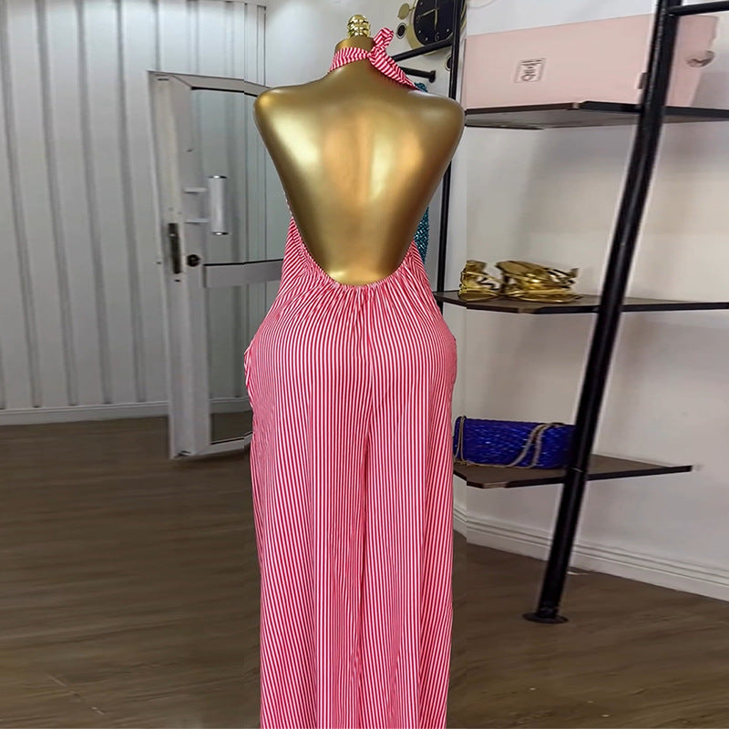European and american women's clothing  autumn new sweet and fresh striped halter neck backless high waist straight leg jumpsuit pants