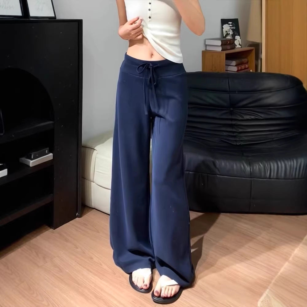 Navy blue wide-leg pants for women - autumn collection, lightweight high-waisted, drapey, slimming, loose fit, straight leg, casual sweatpants/sports pants (suitable for summer)