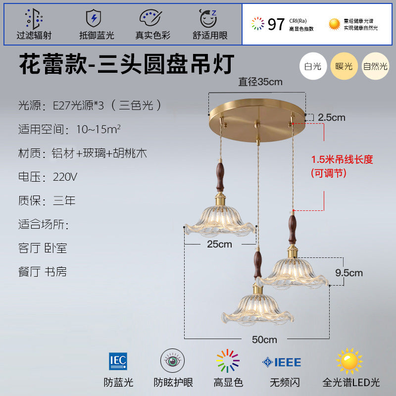 French Internet celebrity three head restaurant lights retro Japanese aluminum glass chandelier walnut dining room dining table bar lighting