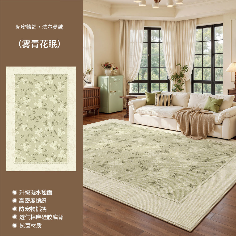 French retro green carpet - living room, stain-resistant, easy to clean, sofa & coffee table, soundproof, thickened floor mat, bedroom, high-end feel