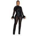 C6808 cross-border   fashion women's solid color mesh feather long sleeve top and pants two-piece set