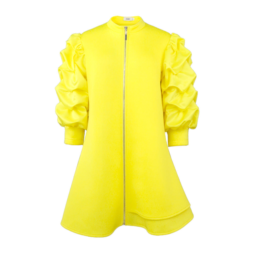 Am220943 commuting small stand-up collar cardigan style dress casualcommuting pleated sleeve shorttopsdresses
