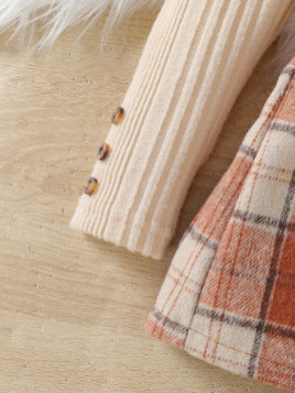 autumn new arrival: mock neck princess sleeve top + plaid skirt two-piece set