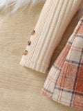 autumn new arrival: mock neck princess sleeve top + plaid skirt two-piece set