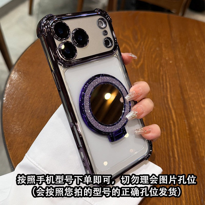 Electroplated four-corner airbag shockproof phone case for iphone 17, apple 14 glitter mirror magnetic stand protective cover