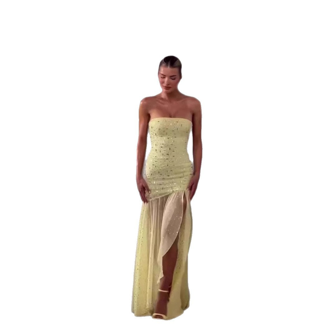 25 European and American style hot drill irregular split mesh splicing dress Spice girl temperament design sense tube top dress skirt