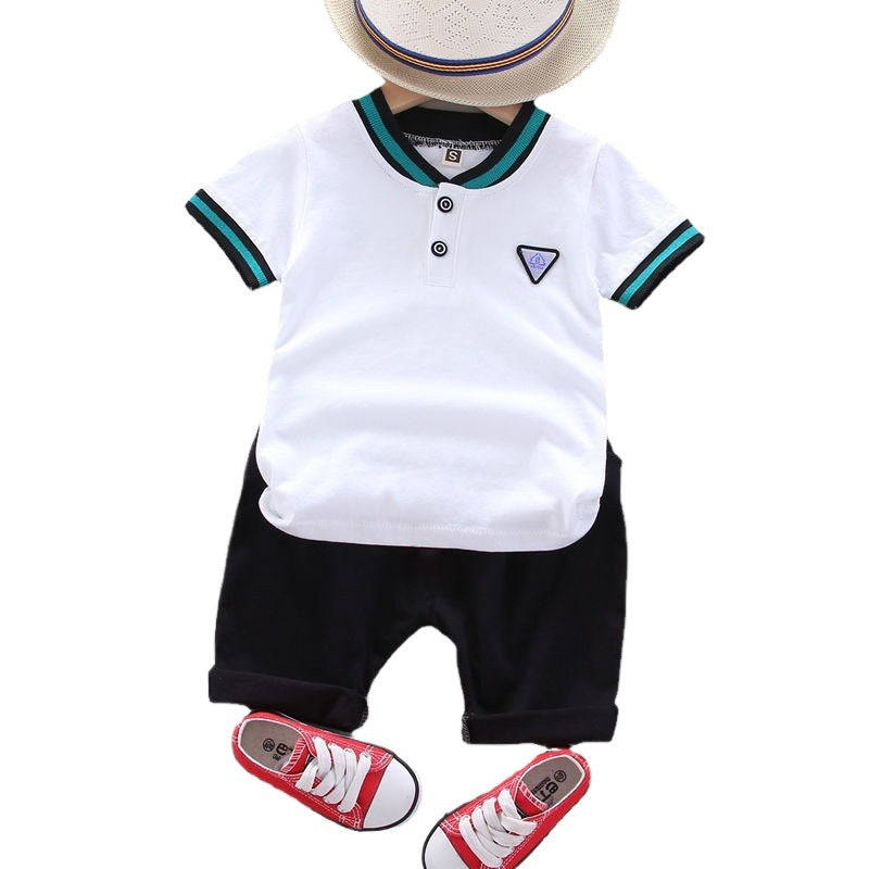 Kids' polo shirt set, 0-4 years old, boys' fashion casual short-sleeve t-shirt and shorts 2-piece set, cross-border children's clothing wholesale