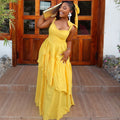 European and american cross-border women's fashion  summer new arrival: elegant yellow asymmetrical long bowknot camisole dress