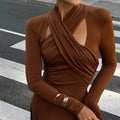 autumn european and american style women's cross-border new fashion elegant slim-fit solid color halter neck long sleeve dress