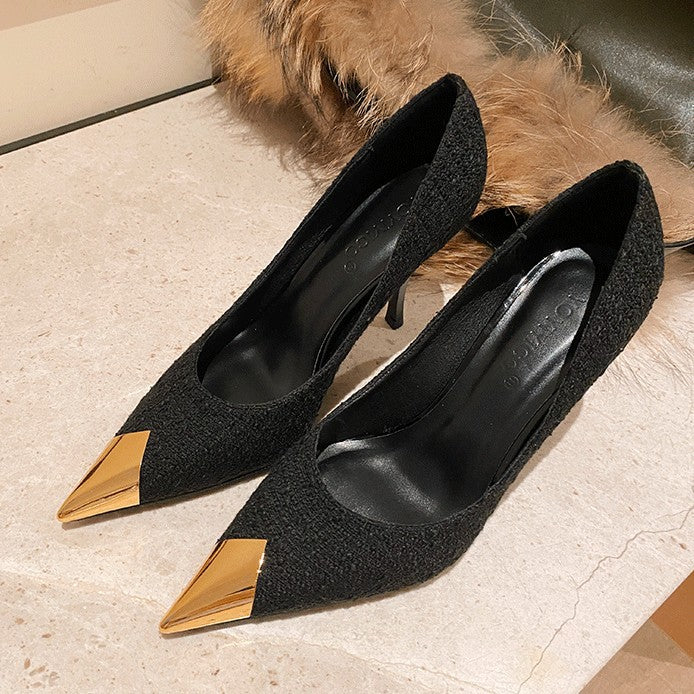 Black high heels women's 2026 new arrival stiletto heel designer elegant versatile metallic autumn/winter pointed toe single shoes spring slip-ons
