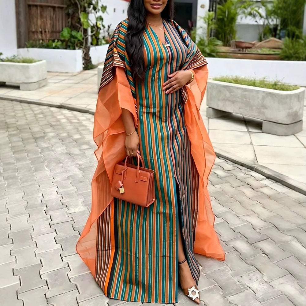African ethnic striped dress - loose sleeve v-neck drawstring patchwork design bubu robe dress