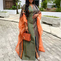 African ethnic striped dress - loose sleeve v-neck drawstring patchwork design bubu robe dress