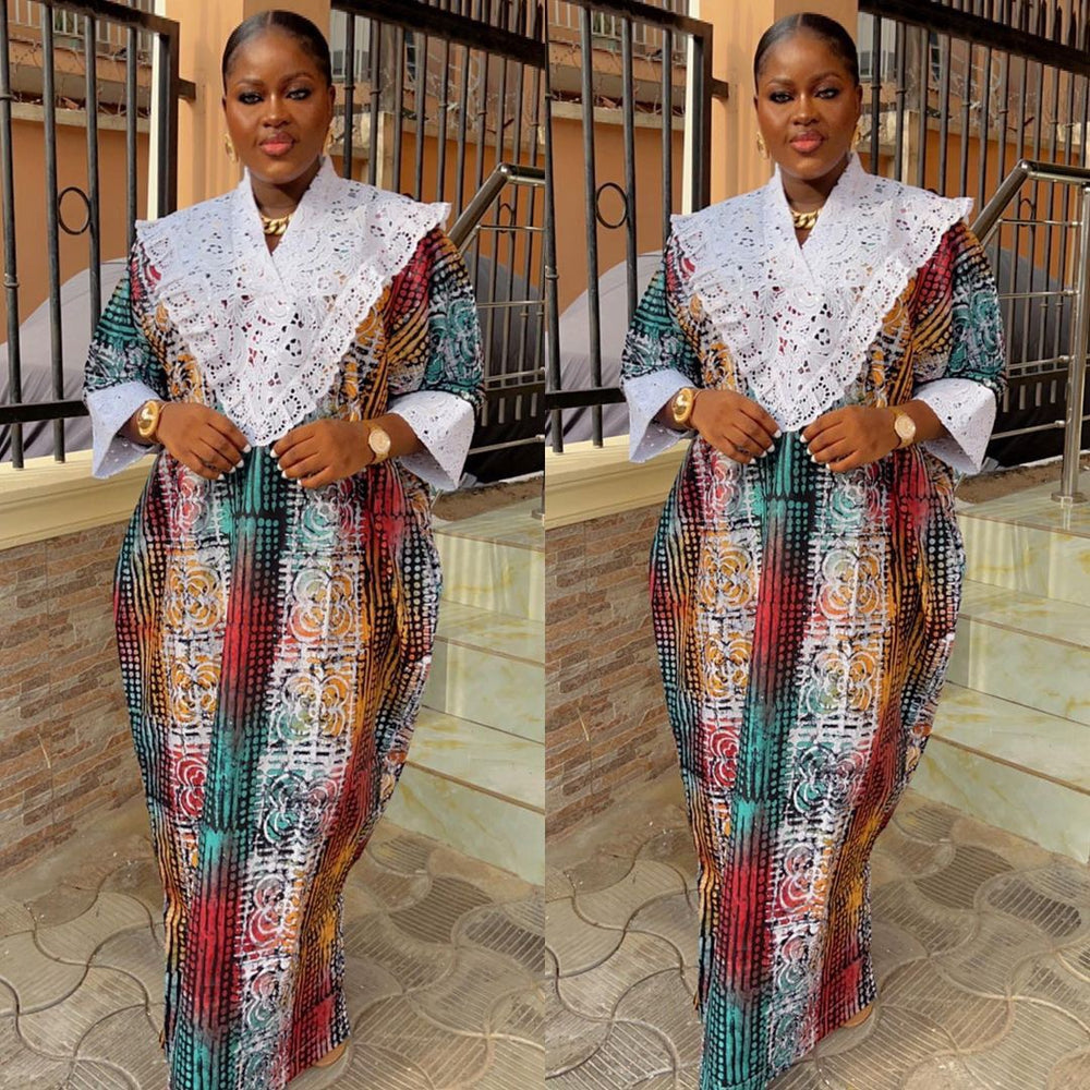 Women's crystal satin printed patchwork lace trim robe african plus size dress -