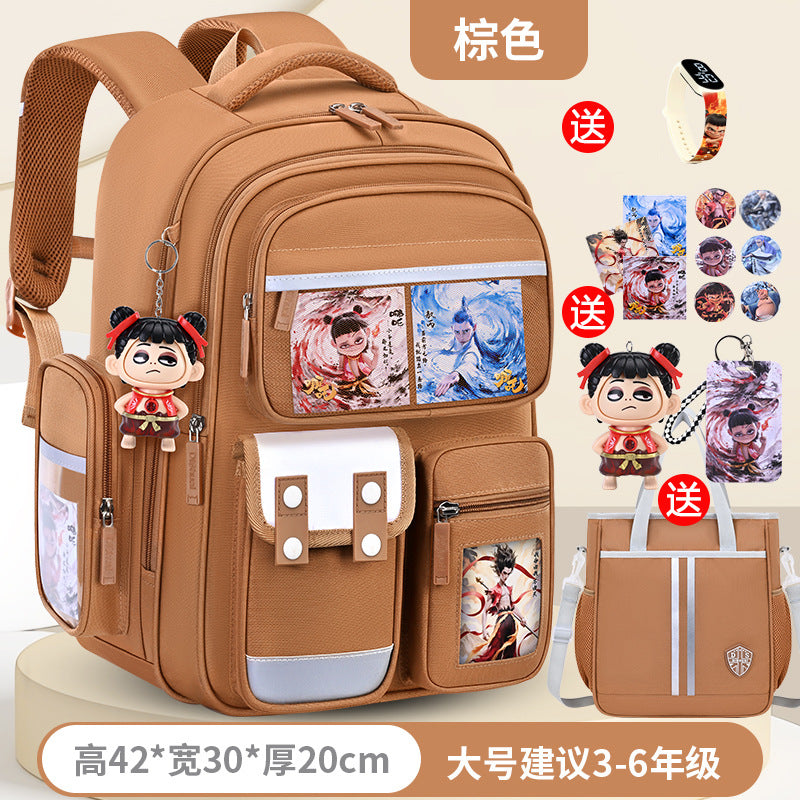 New nezha backpack for boys and girls, grades 1-6: spine protection, lightweight design, and extra-large capacity