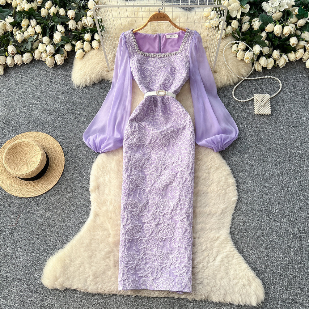 French style elegant puff sleeve lace dress - women's purple diamond-studded slit midi dress, slim fit and figure-flattering