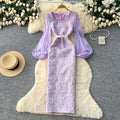 French style elegant puff sleeve lace dress - women's purple diamond-studded slit midi dress, slim fit and figure-flattering