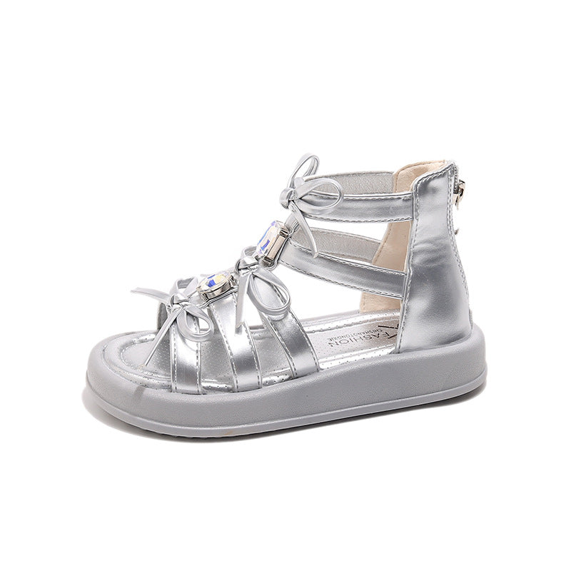 Children's Roman sandals 2025 summer new Korean version girls rhinestone bow princess shoes soft-soled beach shoes