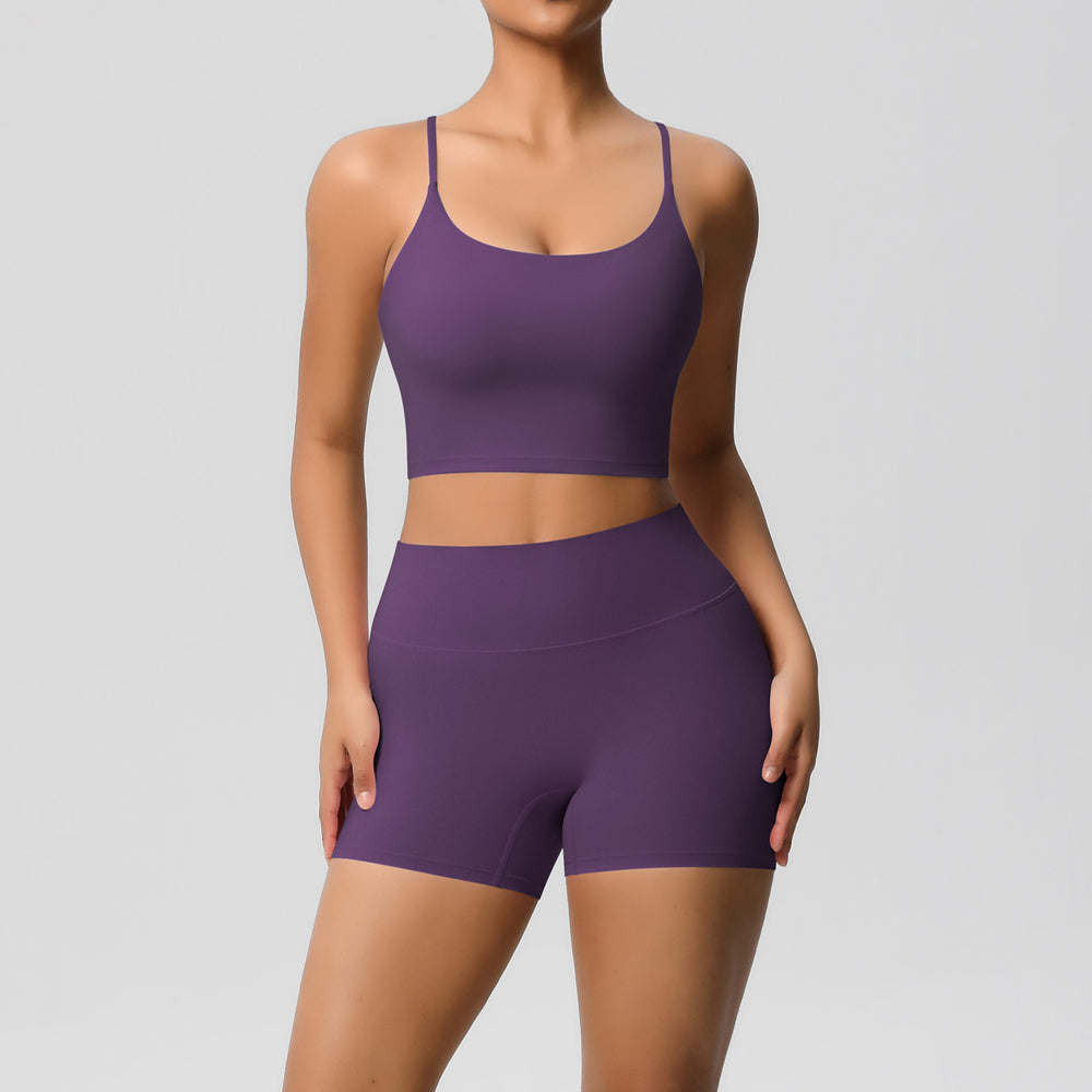 New arrival: cross-border brushed solid color racerback compression breathable yoga set - women's activewear running & fitness shorts set