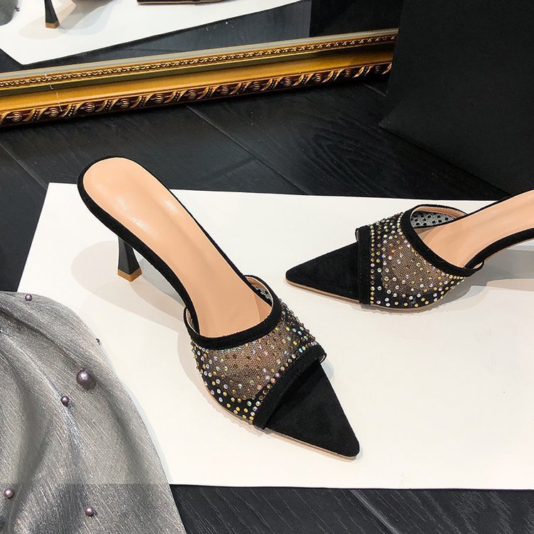 跨境大码尖头水钻时尚高跟凉拖鞋2025夏季新款增高外穿露趾女鞋