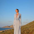 Wholesale women's fashion: autumn  new arrivals - elegant solid color v-neck long sleeve bodycon midi dress for export to europe and the us